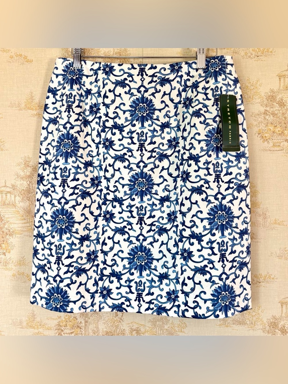 Vintage 90s Ralph Lauren Blue White Porcelain Rosette Chinoiserie Skirt 10 NWT